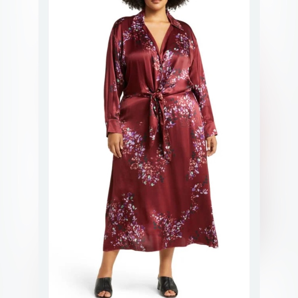 Vince Burgundy Floral Satin Cinnamon Dress 3X Brand new Color of Season